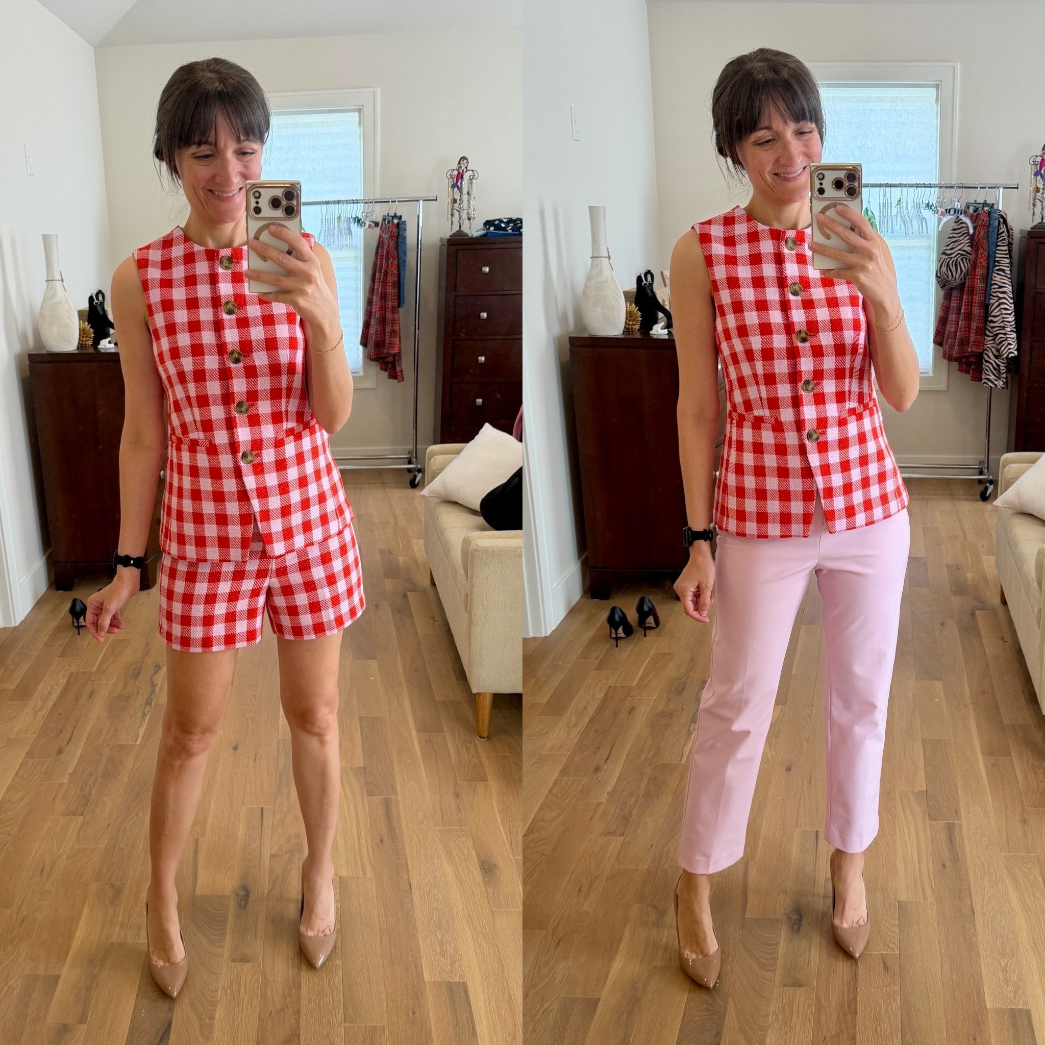 The cutest gingham pieces!  Currently on sale!  Sized down in both pieces - wearing a 00 petite in the top and a 00 in the shorts.

#LTKSaleAlert #LTKPetite #LTKOver40