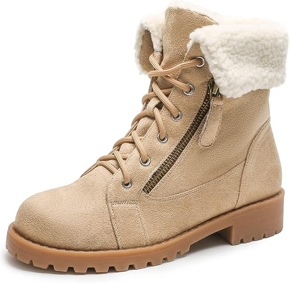 Warm Fur Lined Winter Boots for Women Lace-up Chunky Low Heel Ankle Booties | Amazon (US)