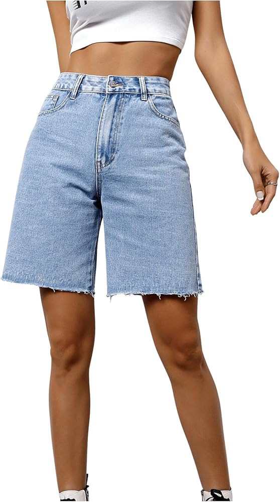SweatyRocks Women's Casual High Waist Straight Leg Jean Shorts Raw Hem Denim Bermuda Shorts | Amazon (US)