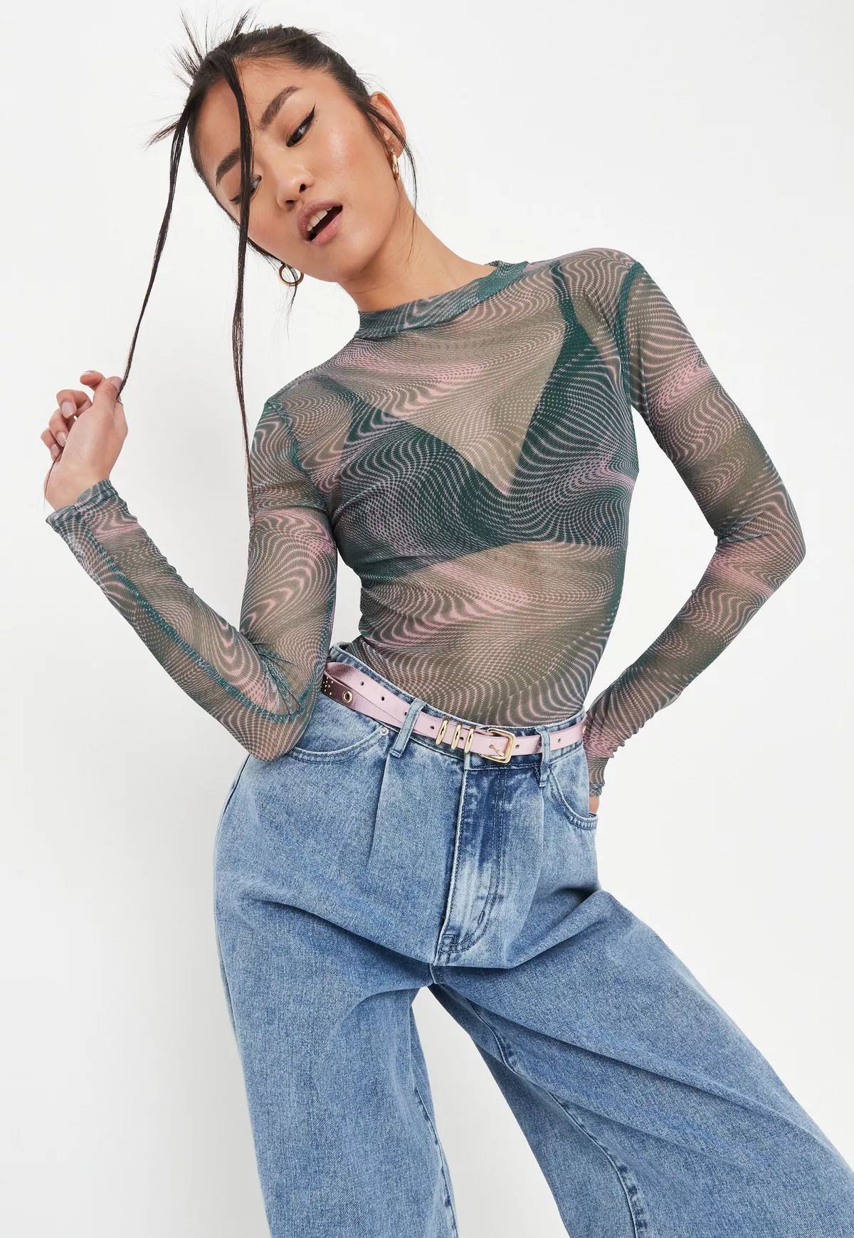 Green Psychedelic Print Mesh High Neck Bodysuit | Missguided (US & CA)