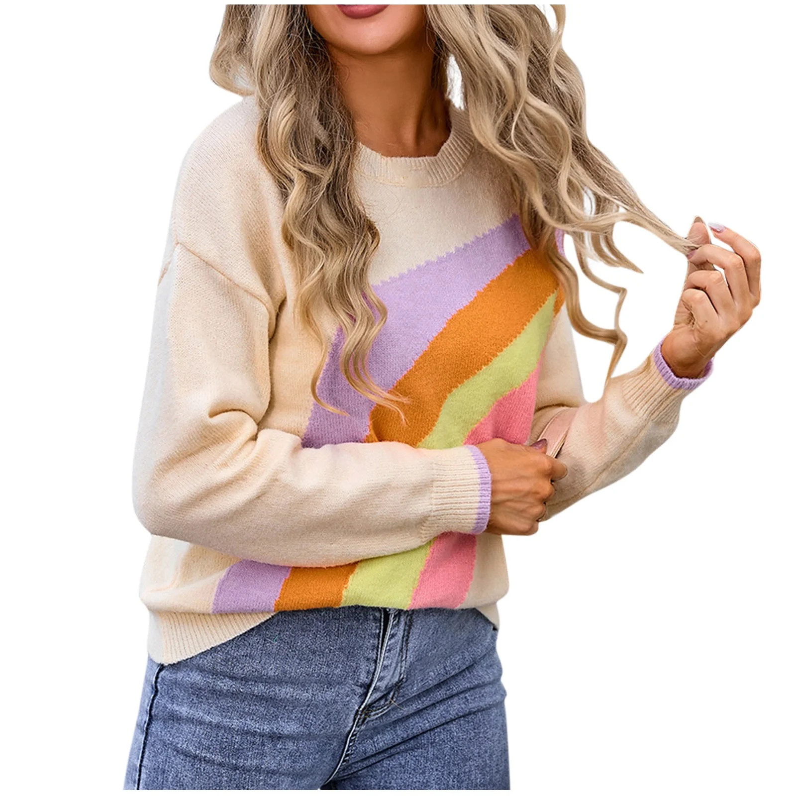 ameIAEA Sweaters for Women Fashion 2024 Fall Long Sleeve Knit Sweater Crewneck Color Block Pullov... | Walmart (US)
