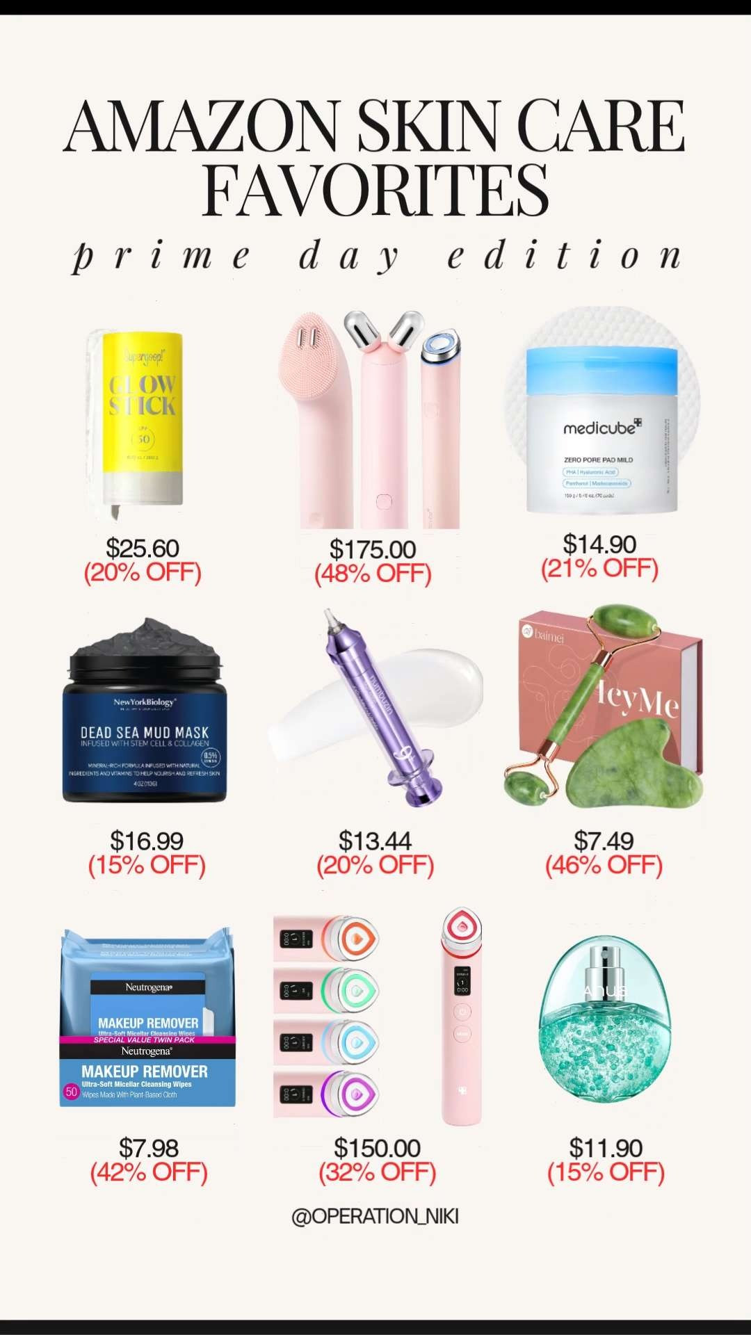 The wait is officially over because Amazon Prime Day deals are officially live! 🛍️ Now is the absolute best time to stock up on your skincare essentials and high-tech vanity tools to keep your daily self-care routine feeling completely luxurious. ✨



This special lineup features top-tier beauty finds on massive discount. From advanced facial toning devices and clarifying mud masks to glow sticks, pore pads, and gentle cleansing wipes, these picks are perfect for upgrading your glow. These exclusive savings will not last long, so make sure to check out the links below and score these incredible Prime Day deals before they sell out! 🌟



Shop these skincare favorites linked below! 🛒



Follow for more @OPERATION_NIKI on IG, TikTok, & Facebook

#AmazonFinds #PrimeDay #SkincareRoutine #OperationNiki #PrimeDayDeals #SelfCareReset #AmazonBeauty #GlowingSkin #BeautyDeals #ShoppingHaul 

 #LTKselfcare #LTKSaleAlert #LTKBeauty
