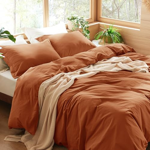 Bedsure 100% Washed Cotton Duvet Cover King Size - Burnt Orange Minimalist Duvet Cover Linen Like for All Seasons - GentleSoft™ Plain Simple Bedding, 3 Pieces (Burnt Orange, King, 104"x90") | Amazon (US)