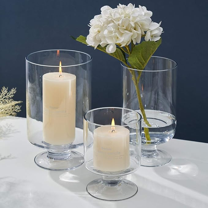 Set of 3 Clear Glass Votive Stemmed Hurricane Candle Holder set Round Vases - Fit for 4"-7" Heigh... | Amazon (US)