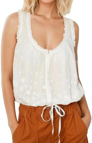 Womens Summer Boho Embroidered Tank Button Down Cami Tops Flowy Crop Tops | Amazon (US)