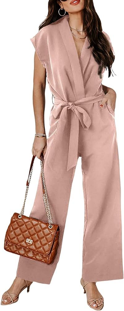 Happy Sailed Jumpsuit for Women Dressy 2023 Wrap V Neck Short Sleeve Belted Long Pant Romper Jumpsui | Amazon (US)