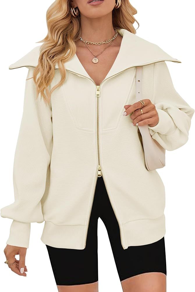 MEROKEETY Women's 2023 Long Sleeve Zip Up Sweatshirt Lapel Ribbed Y2K Trendy Jacket with Pockets | Amazon (US)