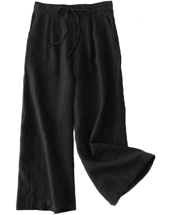 LaovanIn Women's Wide Leg Palazzo Pants Linen Drawstring Cropped Pants Trousers Culottes | Amazon (US)