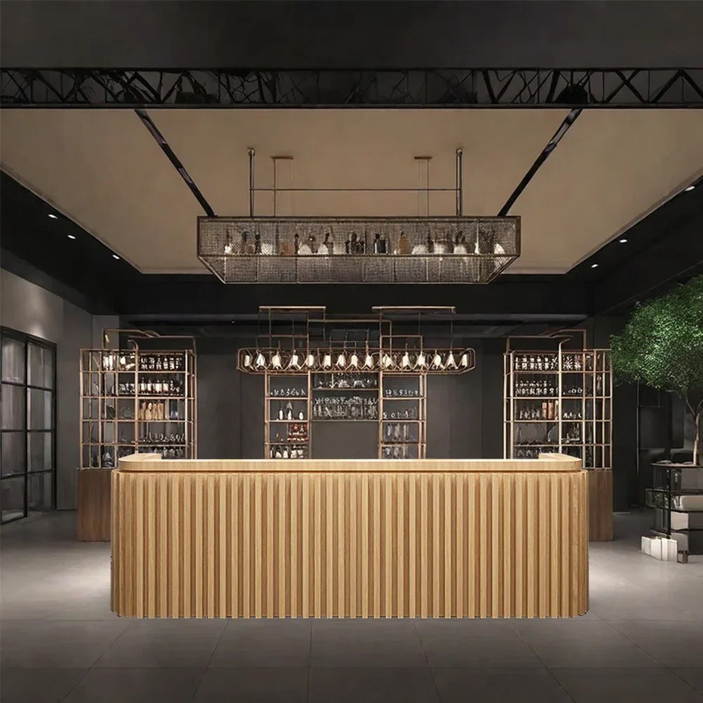 KPXU Bar Counter 86.61-Inch Rustic Front Desk and Bar Counter with Storage and Wine Rack for Bars... | Wayfair North America