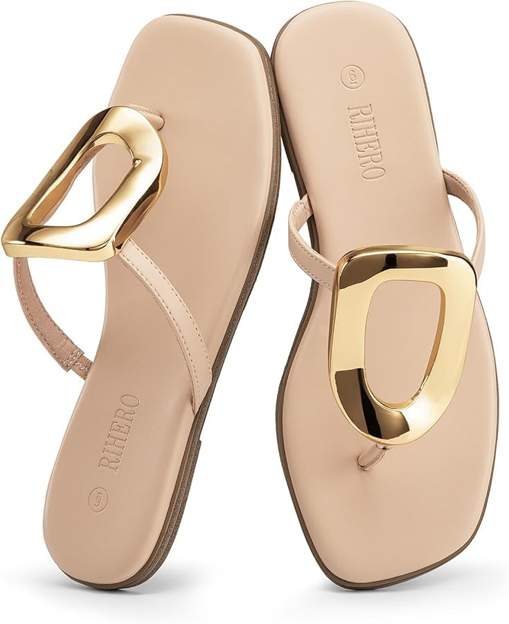 Rihero Flip Flops for Women Comfortable Square Toe Flat Sandals Slip On Summer Beach Slide Sandal... | Amazon (CA)