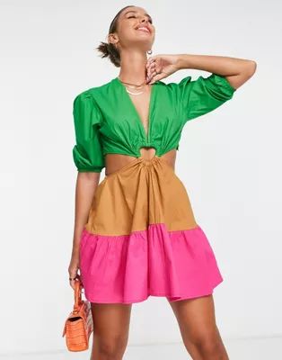 Never Fully Dressed heart cut-out mini dress in watermelon color block | ASOS (Global)