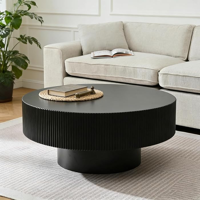 Modern Round Storage Fluted Coffee Table with Sturdy Base, Wood Minimalist Handcrafted Drum Cente... | Amazon (US)