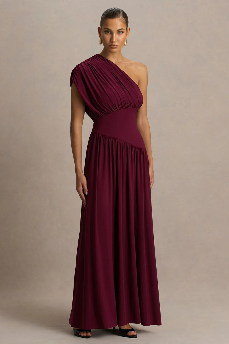 Kelsey  Burgundy Asymmetric-Neck Maxi Dress With Ruched Detailing | Club L London