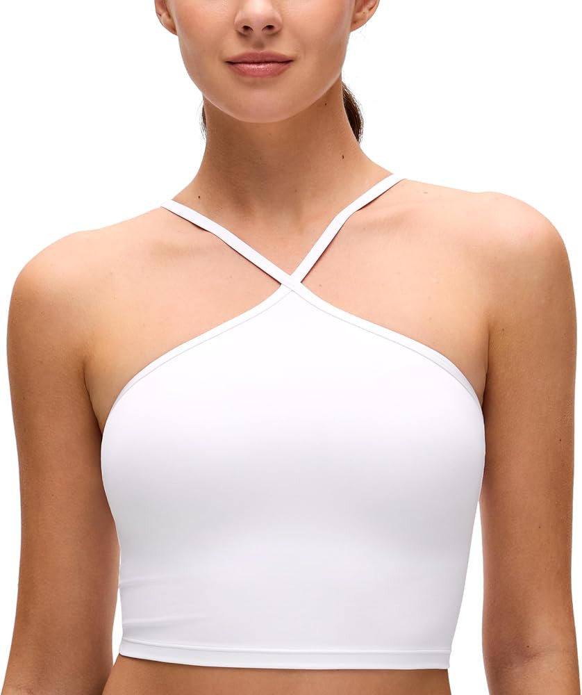 CRZ YOGA Butterluxe Cross Neck Crop Tank Tops for Women - Spaghetti Straps Square Back Padded Yog... | Amazon (US)