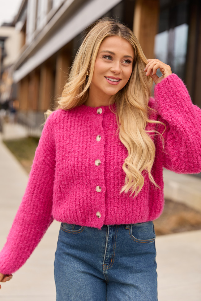 Taye Hot Pink Chunky Boucle Cardigan FINAL SALE | Pink Lily