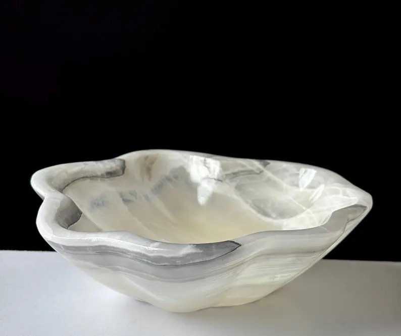 Hand Carved Banded Onyx Bowl: Mexican Grey Onyx, Polished Edge, UV Reactive Home Decor | Etsy (US)