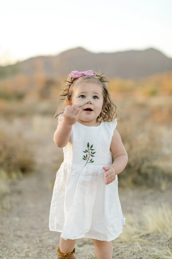 Girl linen and cotton dress white with hand embroidery, embroidered flower dress, special occasio... | Etsy (US)