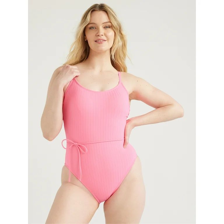 Time and Tru Women's and Women's Plus Ribbed Belted One Piece Swimsuit, Sizes XS - 2X - Walmart.c... | Walmart (US)