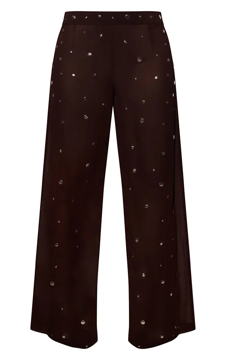 Chocolate Studded Chiffon Straight Leg Trousers | PrettyLittleThing | PrettyLittleThing UK