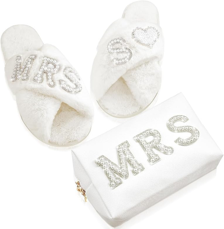 Xtinmee Personalized Initial Wedding Bride Slippers MRS Pearl Letter Makeup Bag Bridal Shower Gifts for Wedding Day | Amazon (US)