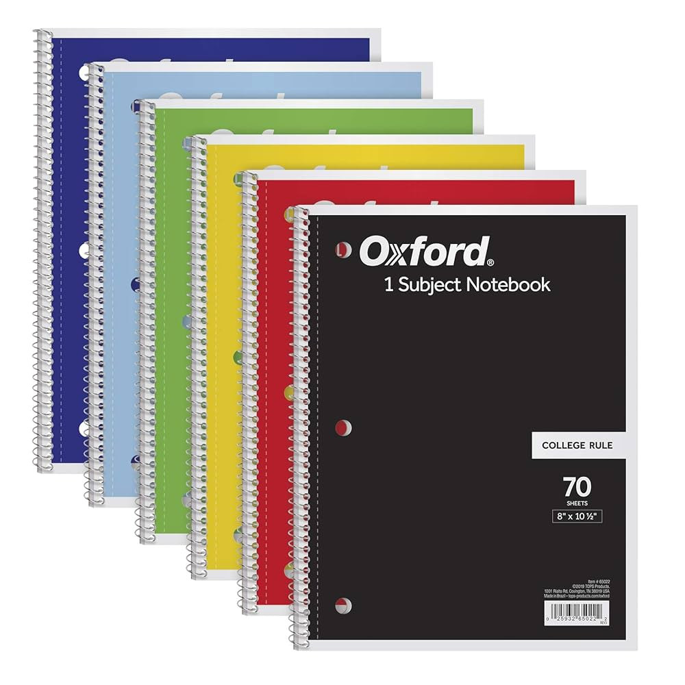 Oxford Spiral Notebook 6 Pack, 1 Subject, College Ruled Paper, 8 x 10-1/2 Inch, Color Assortment ... | Amazon (US)