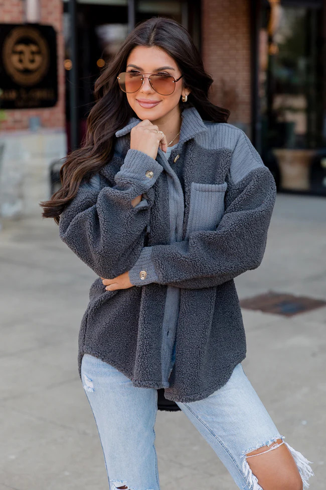 Warm Feelings Charcoal Ribbed Detail Fleece Shacket | Pink Lily