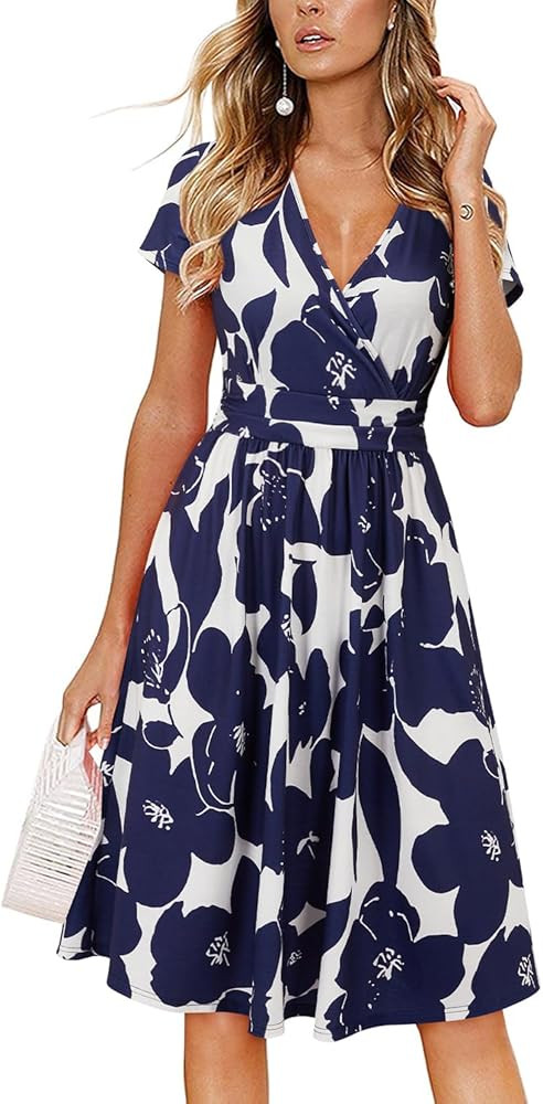 OUGES Casual Summer Dress for Women Wrap V Neck A Line Midi Dresses with Pockets | Amazon (US)