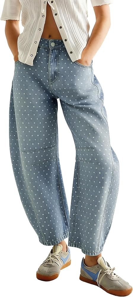 chouyatou Women Baggy Polka Dot Barrel Jeans Y2K Floral Print Wide Leg Jeans Boyfriend Denim Ankl... | Amazon (US)