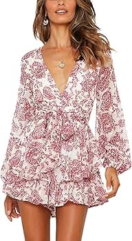 AIMCOO Women's Floral Print Deep V-Neck Romper Double Layer Ruffle Hem Jumpsuits Long Baggy Sleev... | Amazon (US)