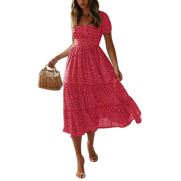DYMADE Women Short Sleeve Summer Casual Midi Swing Dress - Walmart.com | Walmart (US)
