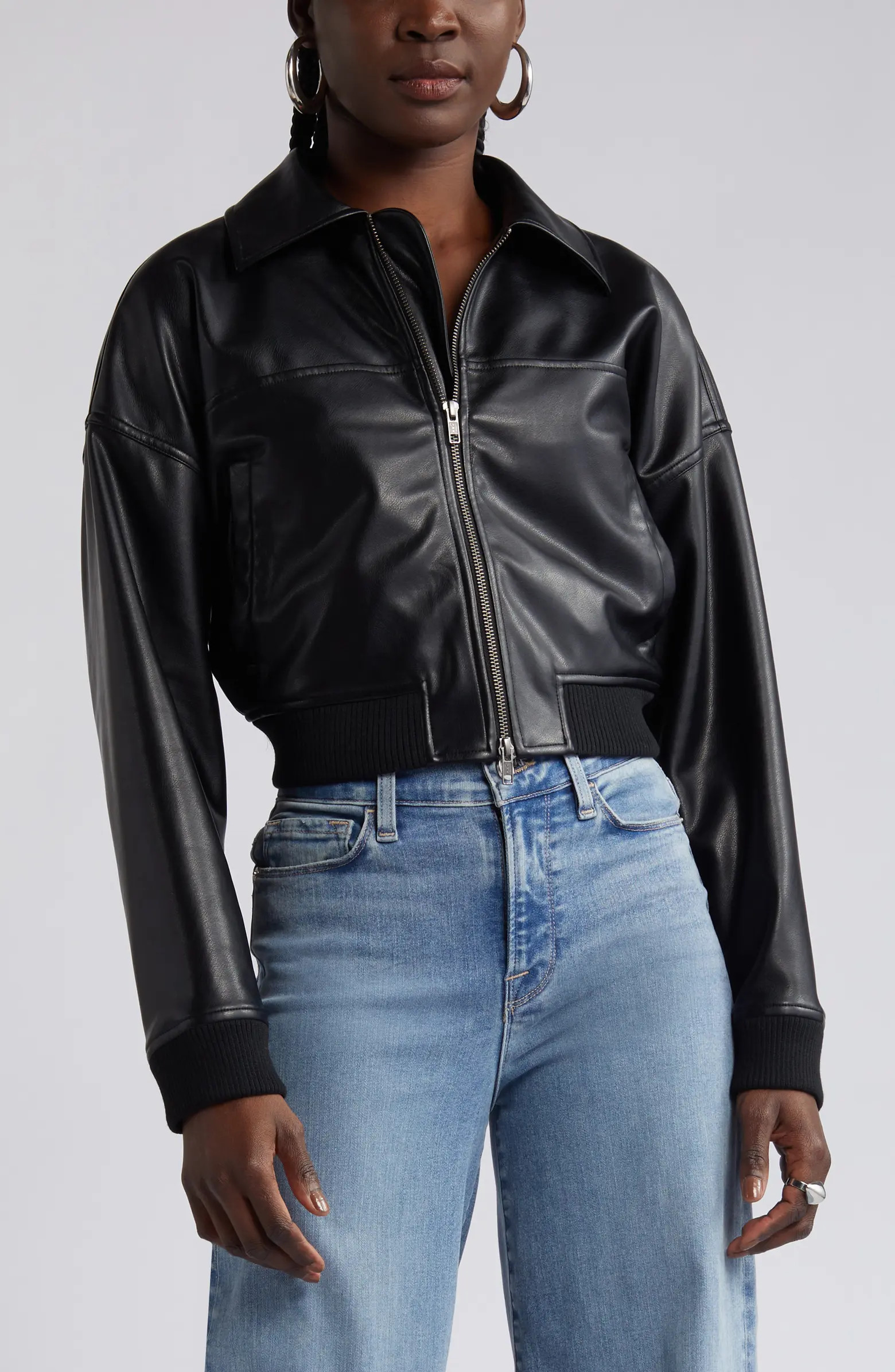 Open Edit Faux Leather Crop Bomber Jacket | Nordstrom | Nordstrom
