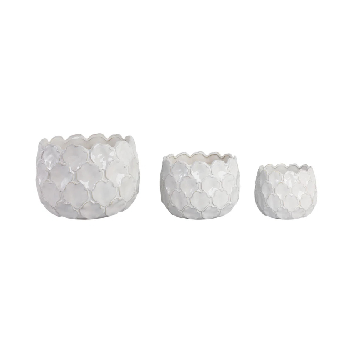 Planter Set Stoneware Ceramic Textured Quatrefoil Indoor Outdoor Use Set Of 3 - 11", 9", 7" White... | Wayfair North America