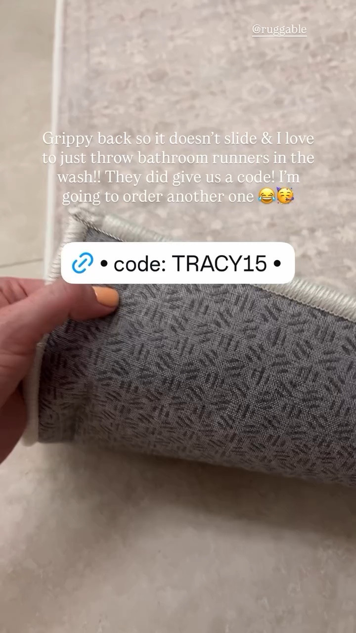 Grippy back so it doesn’t slide & I love to just throw bathroom runners in the wash!! They did give us a code! I’m going to order another one 😂🥳 @ruggable
