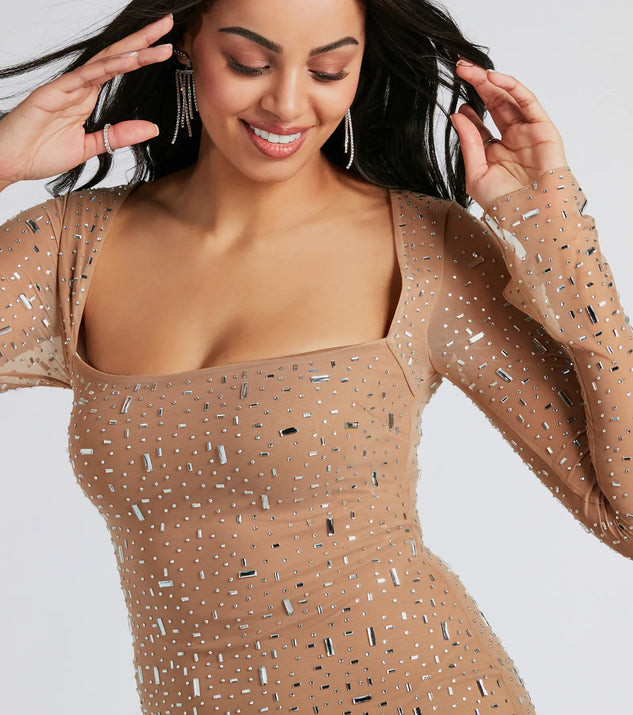 Dazzling Glam Long Sleeve Rhinestone Mesh Mini Dress | Windsor Stores