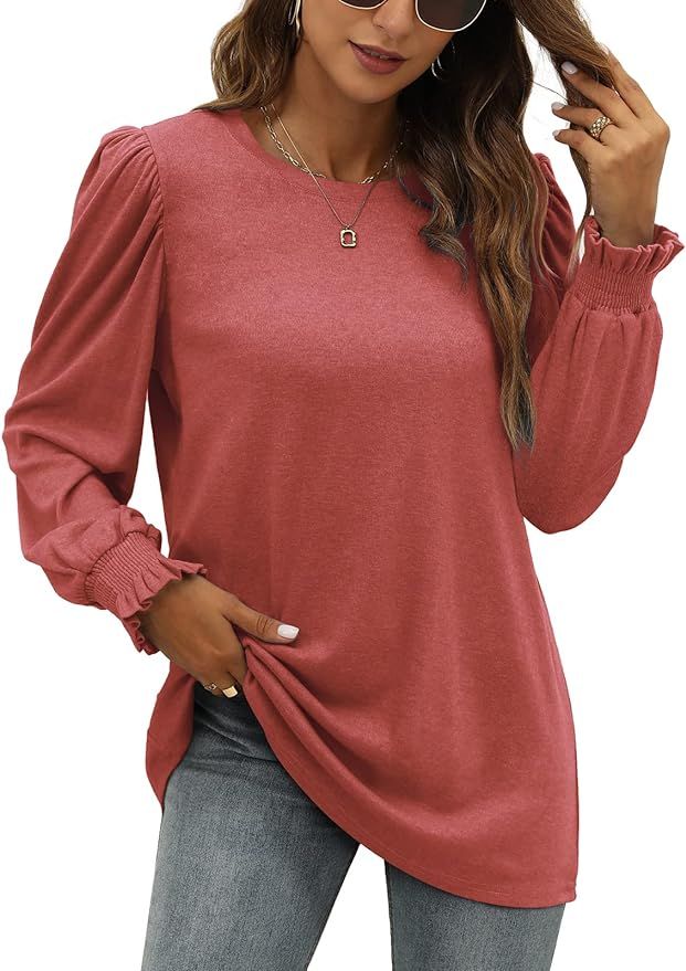 XIEERDUO Womens Long Ruffle Sleeve Sweatshirts Dressy Puff Sleeve Tunic Tops Loose Fit | Amazon (US)