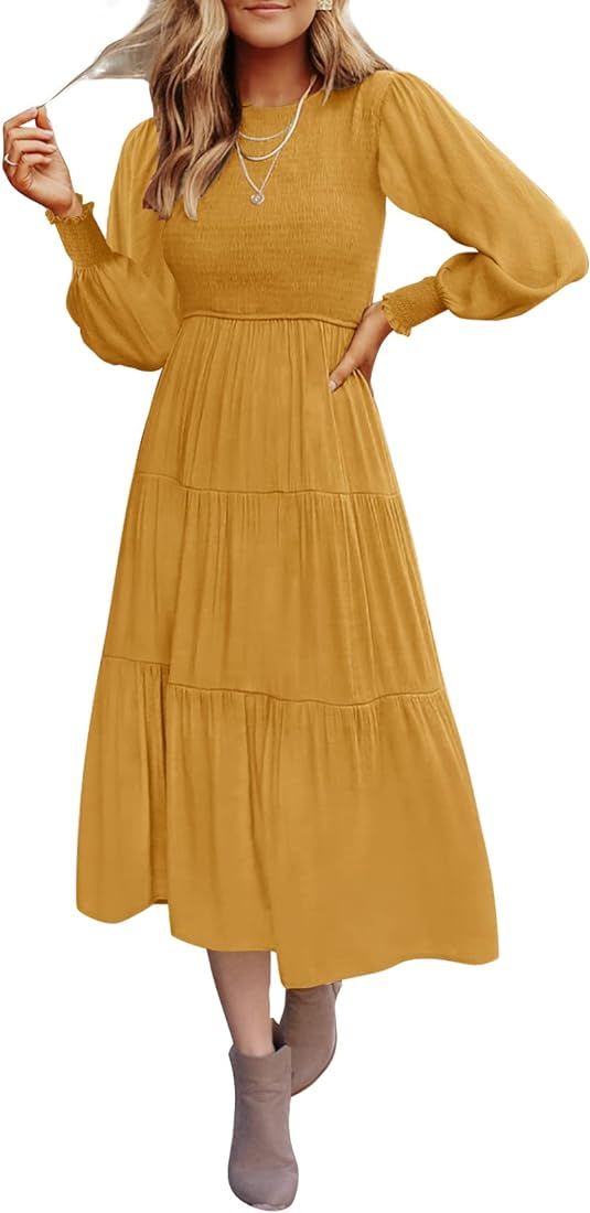 ZESICA Women's 2023 Casual Long Sleeve Crew Neck High Waist Smocked Flowy Tiered Midi Dress | Amazon (US)