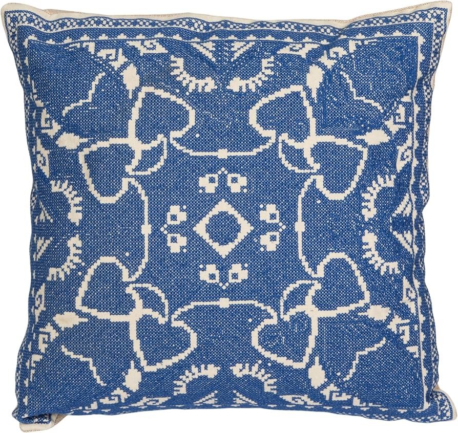 Creative Co-Op, Blue Cotton Pillow with Embroidered Design and Chambray Back, Natural | Amazon (US)