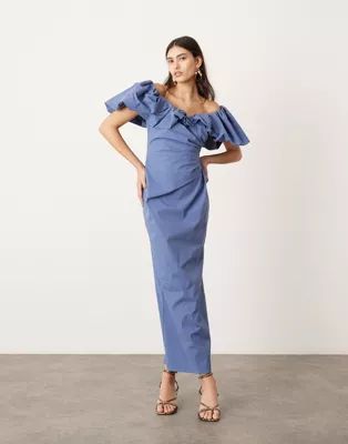 ASOS EDITION bardot ruched puff sleeve maxi dress in blue | ASOS (Global)