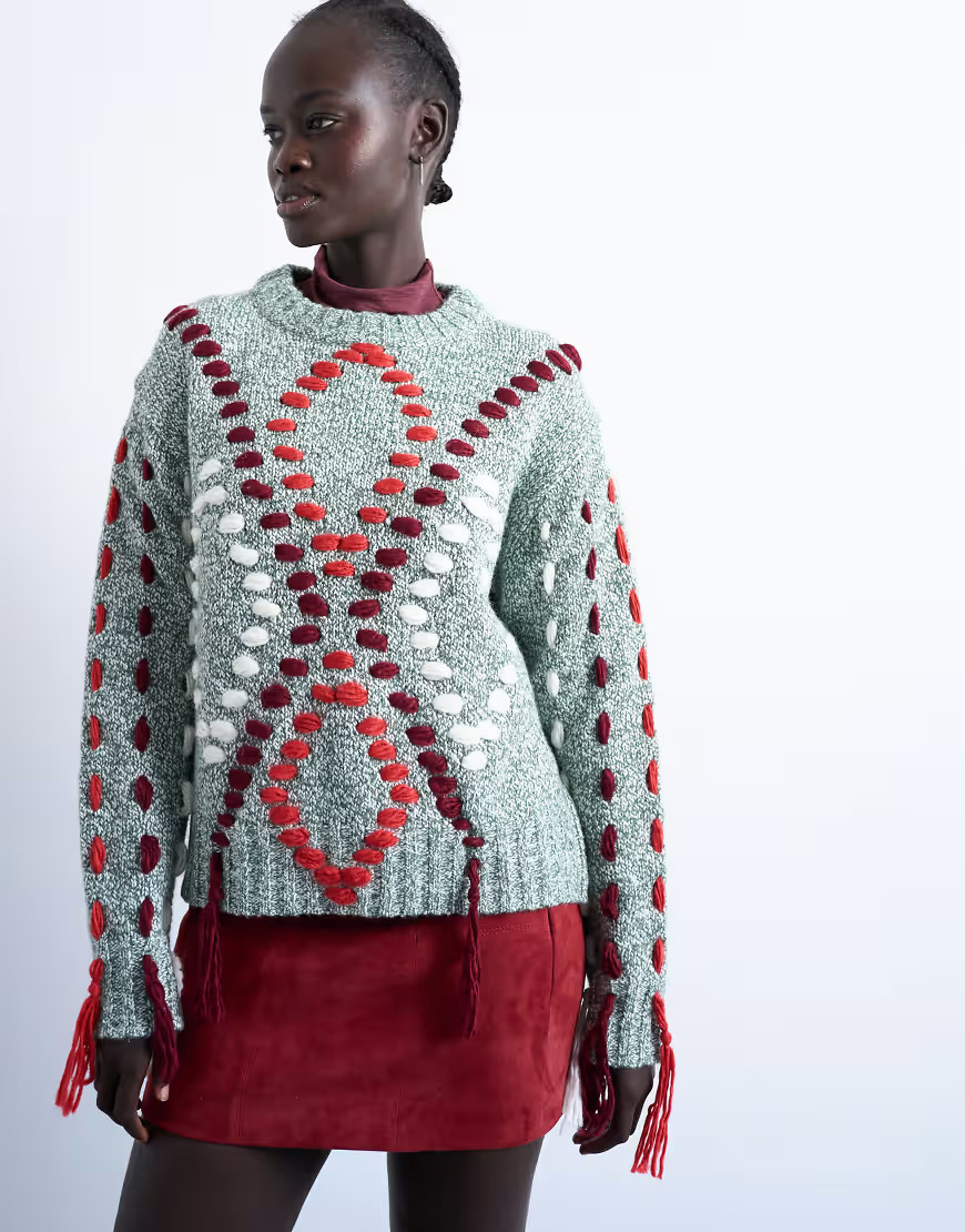 Topshop – Strickpullover in Grün mit gesticktem Argyle-Muster | ASOS (Global)