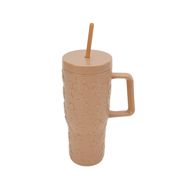 30 Ounce Tan Acrylic Double Wall Embossed Gingerbread Tumbler with Straw and Handle, by Holiday T... | Walmart (US)