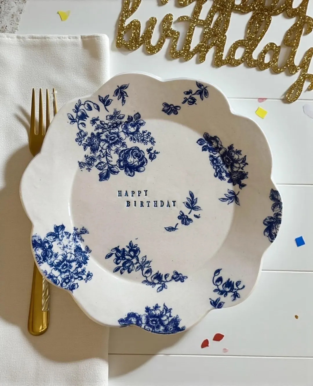 Personalized Blue Flower Birthday Plate Handmade Ceramic Custom Scallop Edge Cupcake Plate for Bi... | Etsy (US)