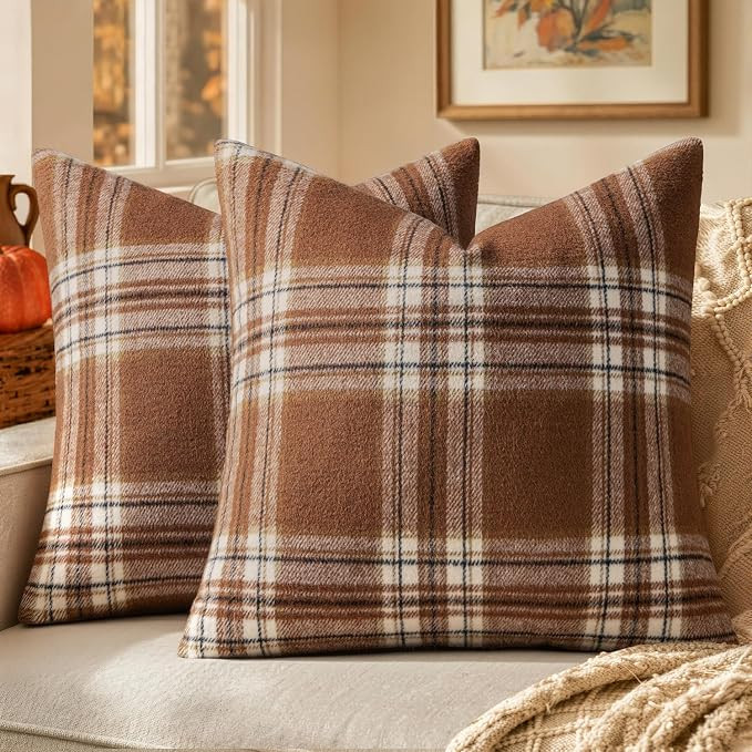 MIULEE Fall Plaid Decorative Pillow Covers Set of 2 18x18 Brown | Scottish Tartan Vintage Throw P... | Amazon (US)