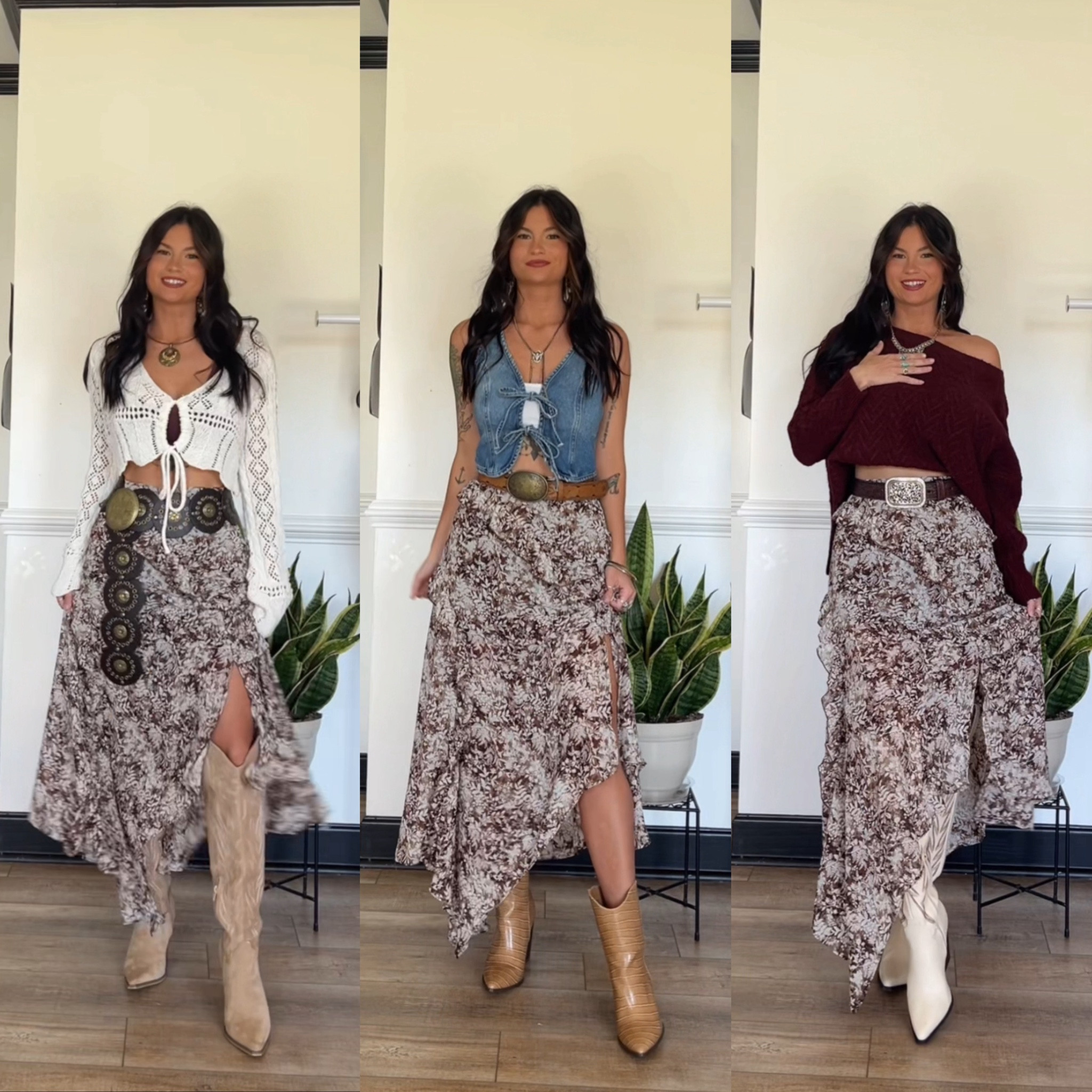 Brown floral skirt paired with boots, sweaters, and denim vest! skirt on sale today!! Code LORI20 to save on the white boots

#LTKStyleTip #LTKSaleAlert #LTKSeasonal