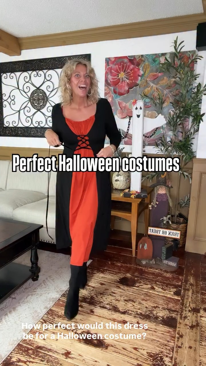 Perfect Halloween 🧙 costume! Just hand me a witches hat and broom 🧹 and I’m all set. This cinch tie waist dress flatters the curves & provides arm coverage. The material is soft and stretchy + nice quality! Should I dress up as a vampire 🧛‍♀️ or a witch 🧙… tell me below ⬇️

#LTKSeasonal #LTKOver40 #LTKMidsize