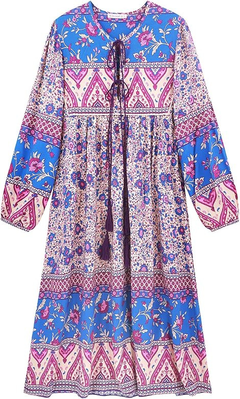 R.Vivimos Women's Long Sleeve Floral Print Retro V Neck Tassel Bohemian Midi Dresses | Amazon (US)