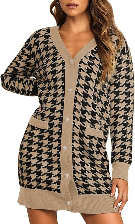 Pink Queen 2023 Fall Long Cardigan for Women Long Sleeve Open Front Button V Neck Houndstooth Car... | Amazon (US)