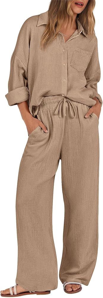 KIRUNDO Women 2 Piece Outfits Cotton Long Sleeve Shirt Wide Leg Pants Matching Lounge Sets Trendy... | Amazon (US)