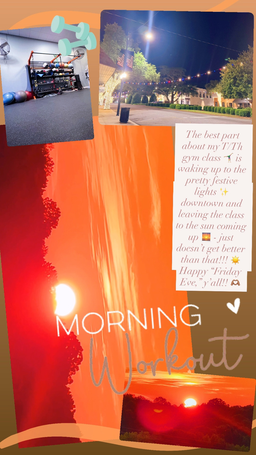 The best part about my T/Th gym class 🤸🏼‍♀️ is waking up to the pretty festive lights ✨ downtown and leaving the class to the sun coming up 🌅 - just doesn’t get better than that!!! ☀️ Happy “Friday Eve,” y’all!! 🫶🏽