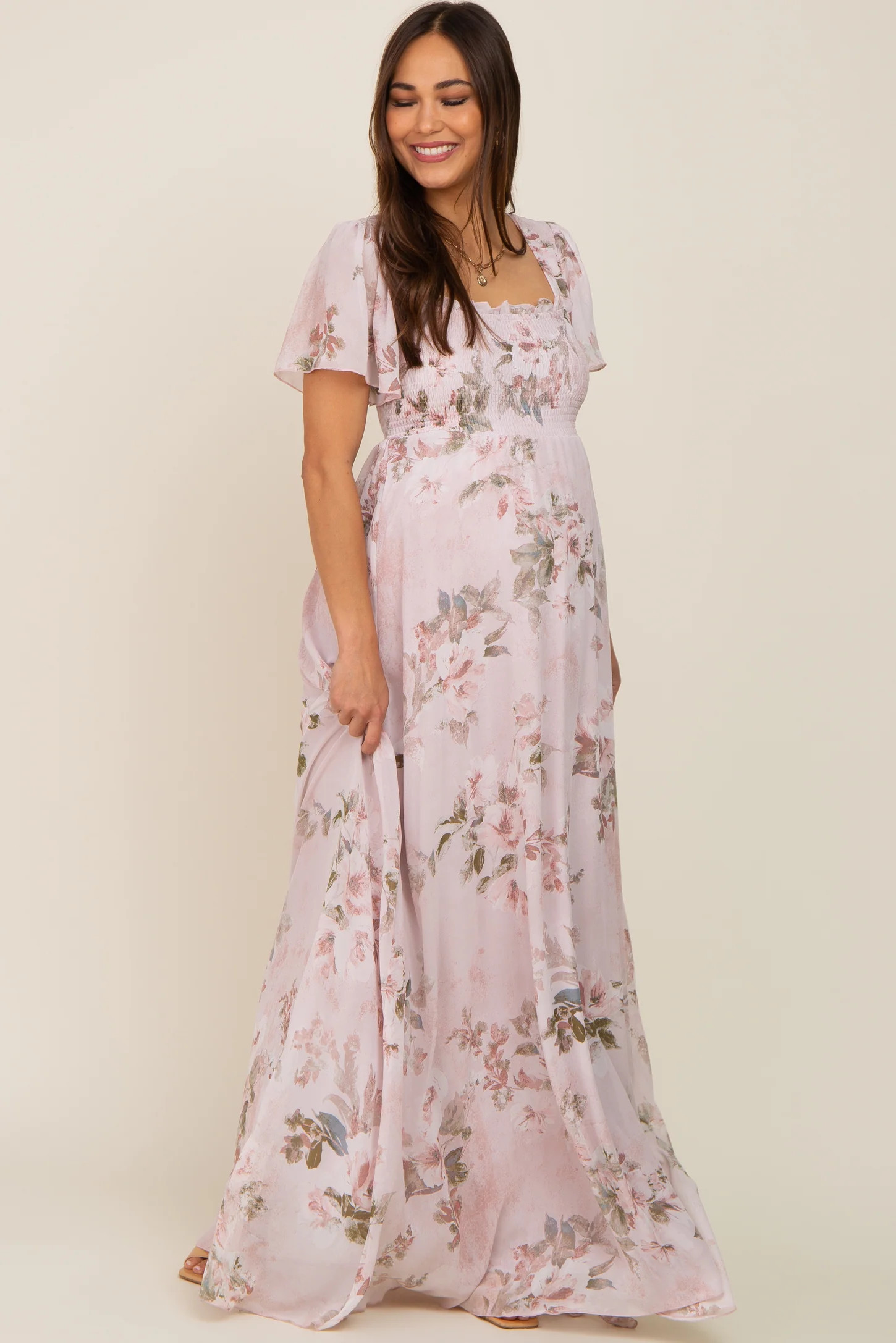 Light Pink Floral Chiffon Smocked Short Sleeve Maternity Maxi Dress | PinkBlush Maternity