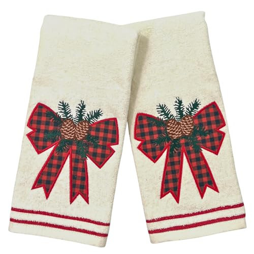 Christmas Bathroom Hand Towels- Set of 2 Beige Ivory 100% Cotton Embroidered Burlap Applique and Holiday Bow with Festive Decor and Stitched Hem Design - 16” x 25” Decorative Bath & Kitchen Towels | Amazon (US)